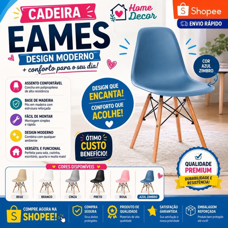 Cadeira Eames Base Madeira Moderna Confortável Sala Escritório