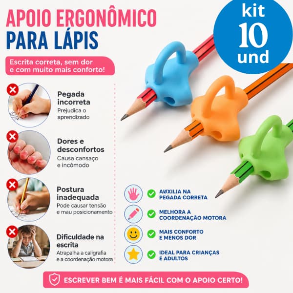 10 unidades Adaptador para Escrita Apoio De Dedos Segura lapis ou caneta Stetro Ergonômico Autista