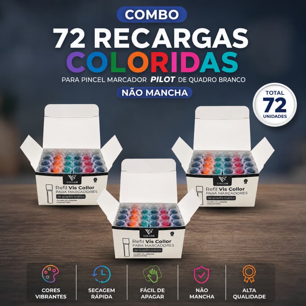 Combo 72 Recargas Coloridas Para Pincel Marcador Pilot de Quadro Branco- Não Mancha