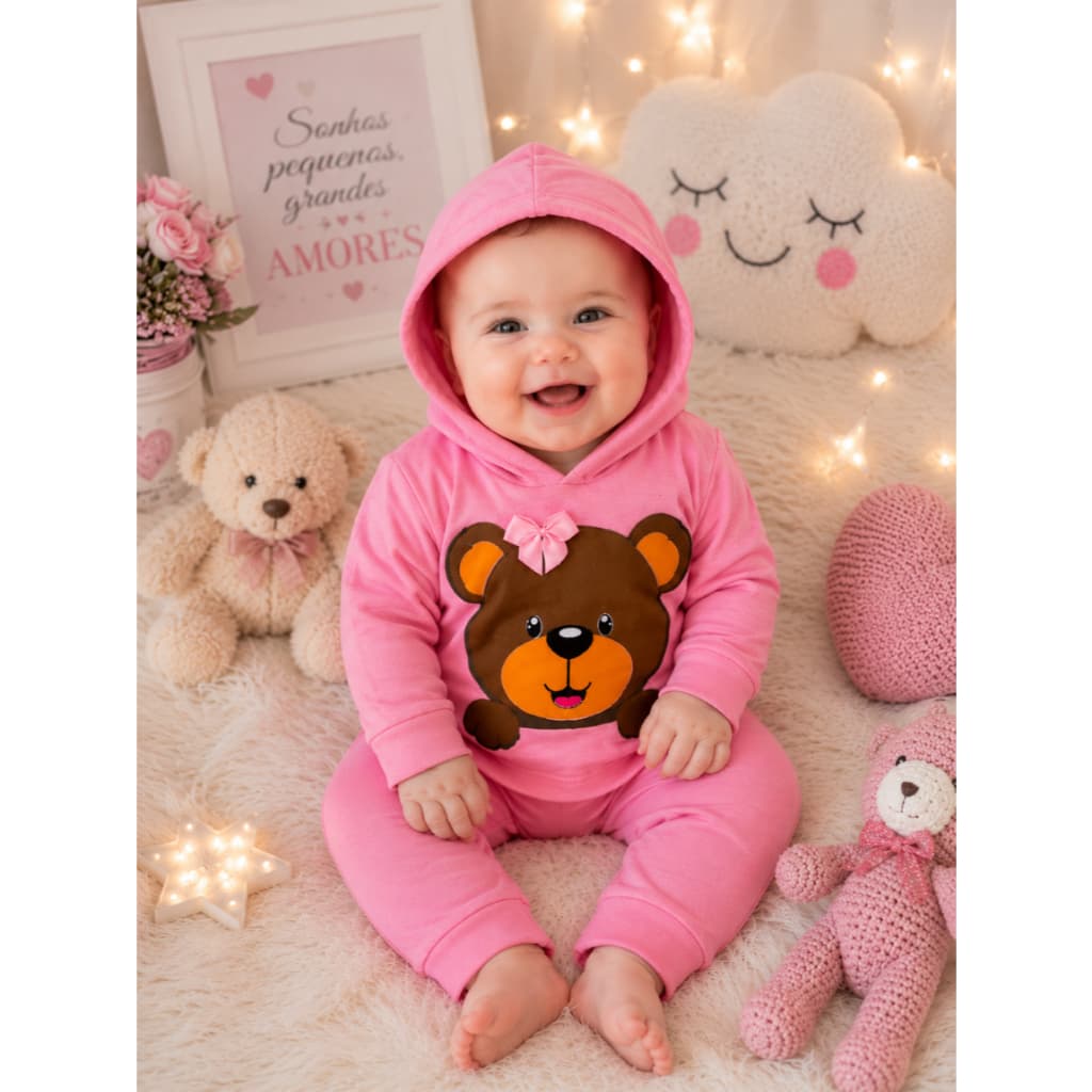 Conjunto Bebê RN Manga Longa com Capuz  Blusa Leve Estampada + Calça Comprida, Look Minie ou Ursinha