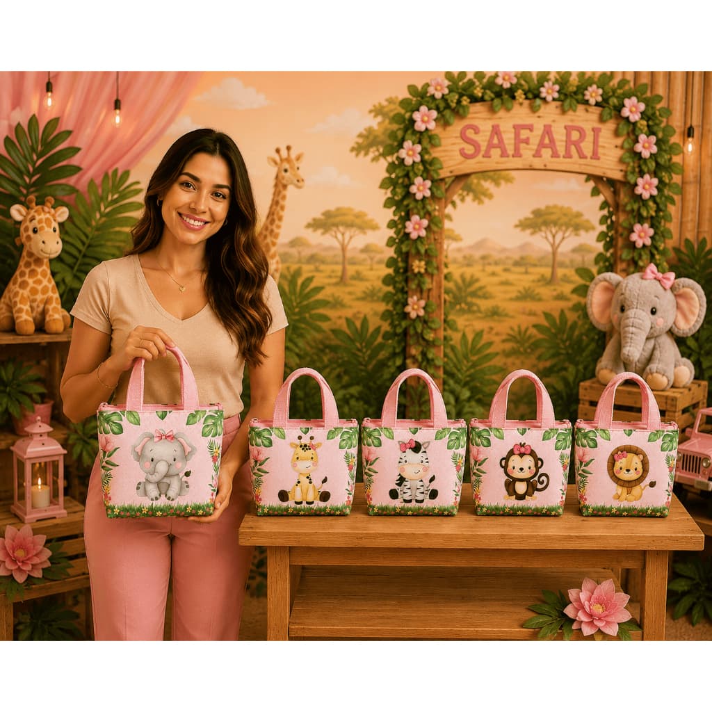 Sacolinha Safari Rosa para eventos especiais. KITS 10/20/30 unidades SEM PERSONALIZAÇÃO