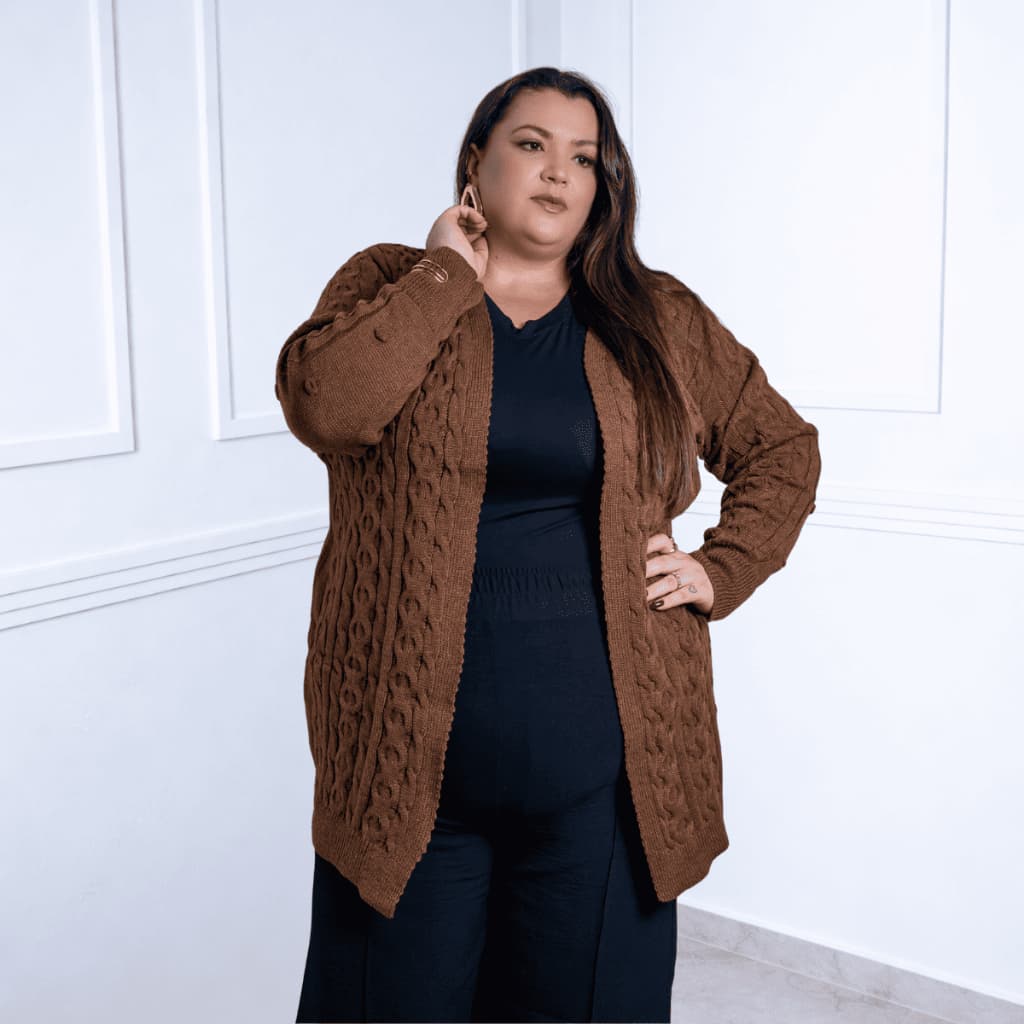 Cardigan Plus Size Feminino Alongado Tricot Quentinho Inverno Sem Botão Manga Longa Elegante G2 G3 Premium2423