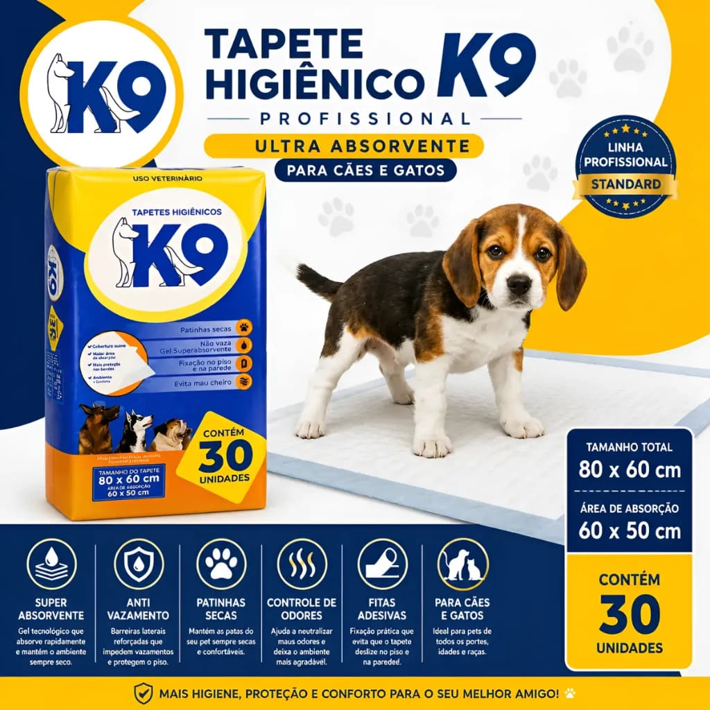 Tapete Higiênico Para Cachorro K9 Profissional 80x60cm 30 Unidades Ultra Absorvente Cães E Gatos