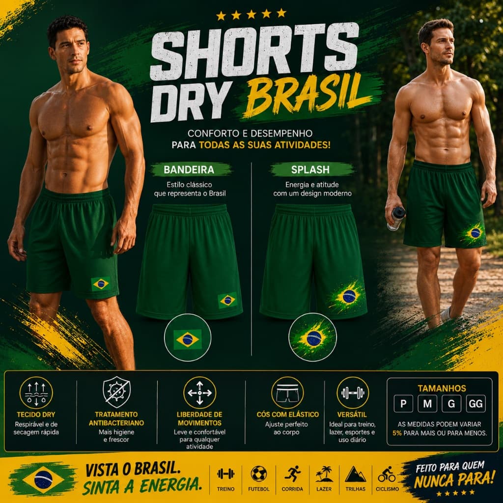 Shorts Dry Brasil Copa do Mundo Seleção Brasileira Masculino Treino Academia Futebol Verde Amarelo Bombey