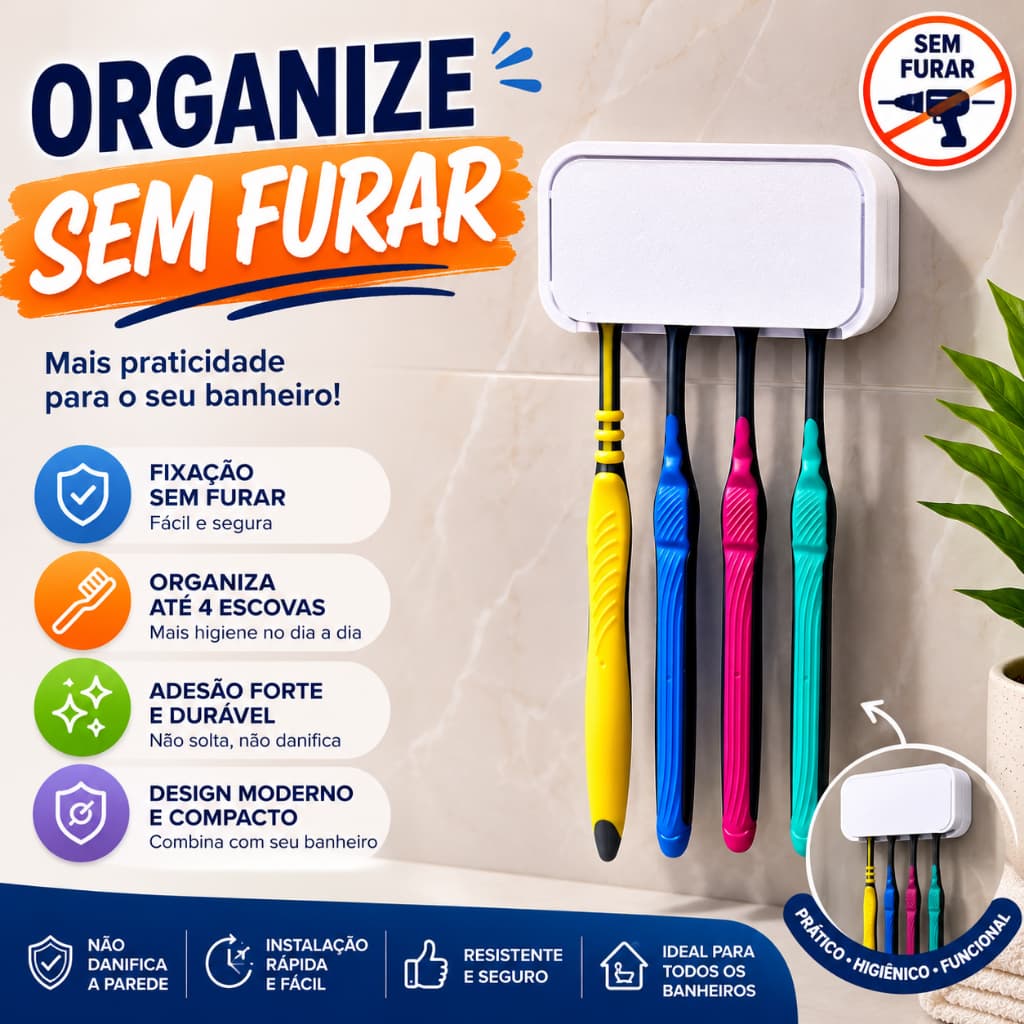 Suporte Organizador para 4 Escovas de Dente Sem Furar/ Fita 3M | Porta Escovas de Parede para Banheiro