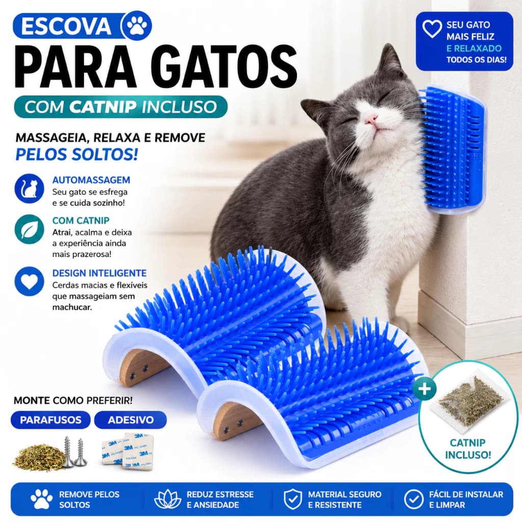 Escova Massageadora Gatos Catnip Relaxante Estimulante Ergonômica Azul