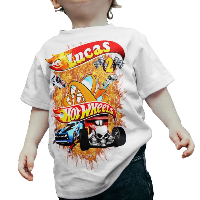 Camiseta Infantil Camisa Hot Wheels Chamas Com Nome Na Logo
