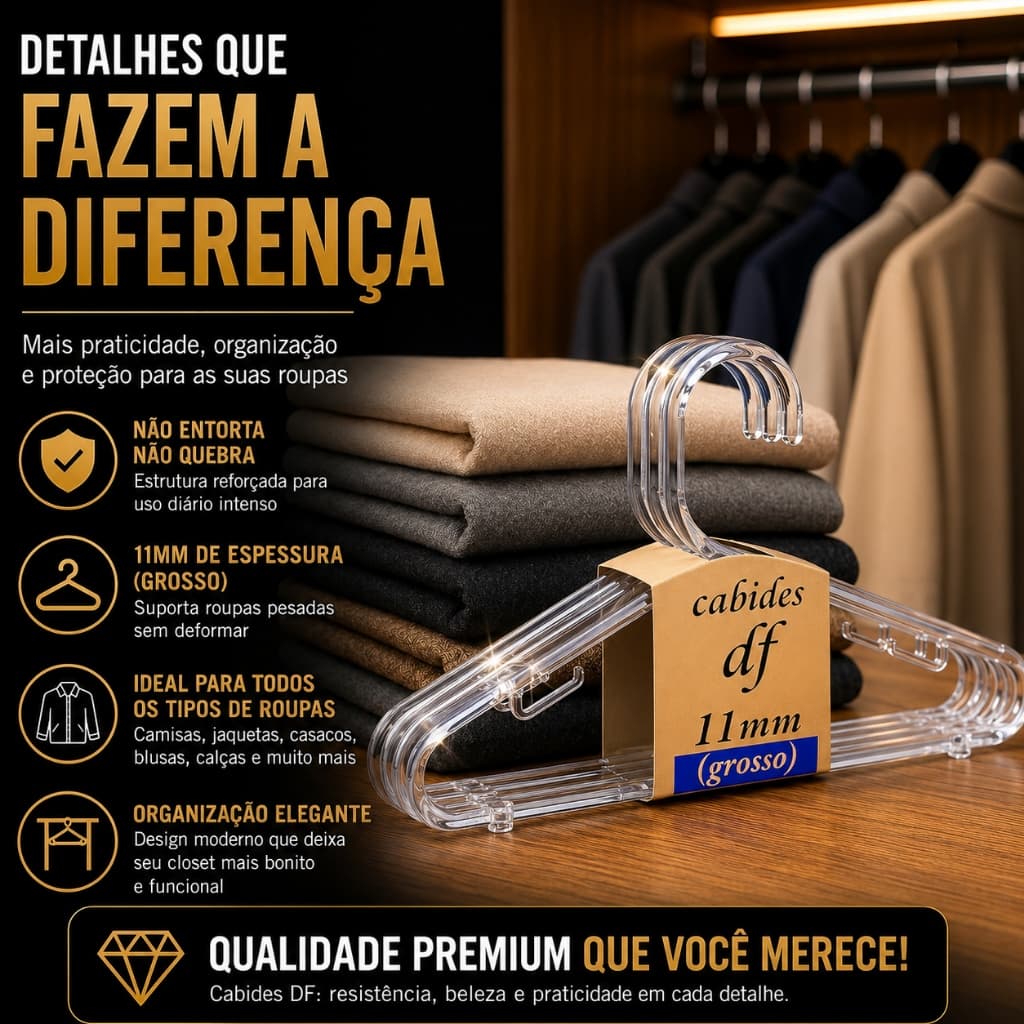 Kit Cabide adulto Extra Grosso 11mm Acrílico Cristal resistente caixa c/ 12/ 24/36/72 unidades