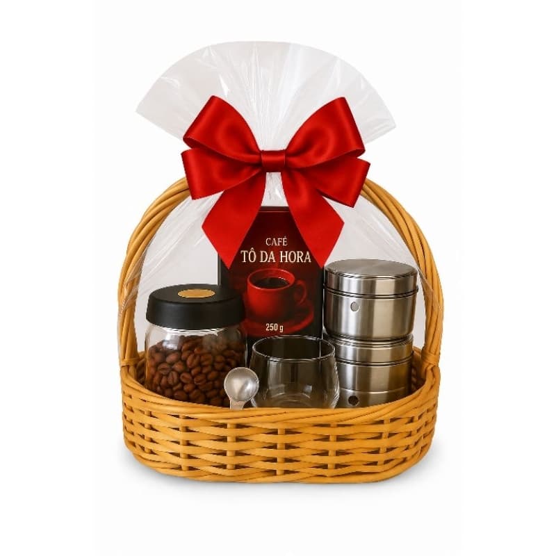 Kit Premium Café Tô da Hora Moedor Elétrico + Jarra Hermética + Caneca + Colher Medidora Inoxidável Opção Cesta Presente