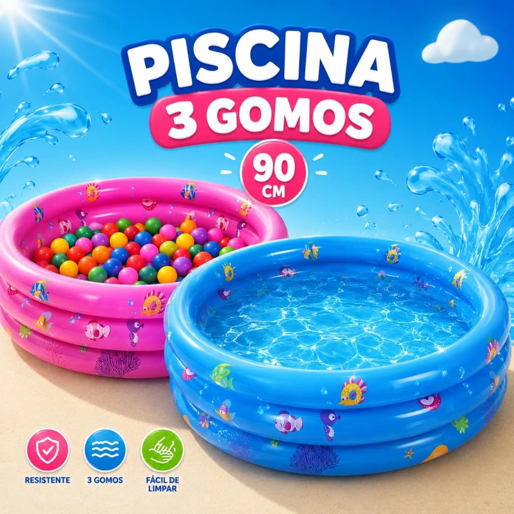 Piscina Inflável Infantil 3 Gomos 90cm Peixinho Redonda Piscina de Bolinhas