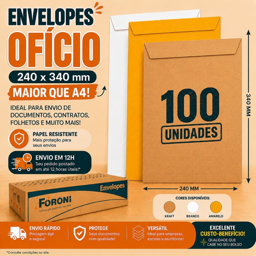 Envelope Saco Ofício Grande 240x340 100 Unidades Foroni