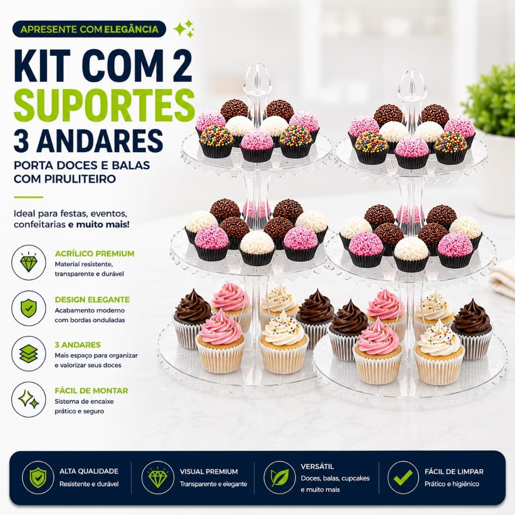 Kit Com 2 Suportes Porta Doces e Balas com Piruliteiro 3 Andares Cor Cristal