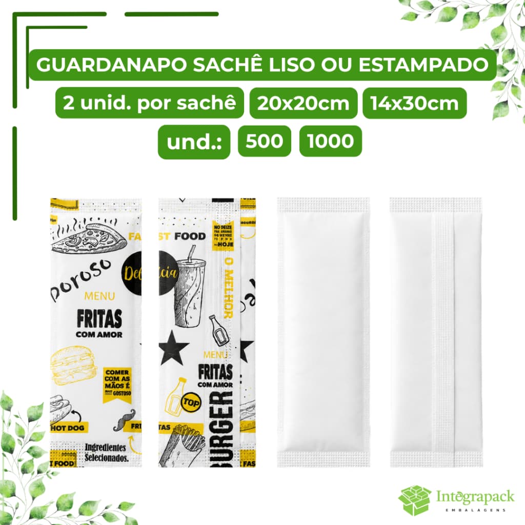 Guardanapo Em Sachê 2 Folhas Liso Estampado 20x20cm 14x30cm Embalagem Delivery Restaurante Lanches