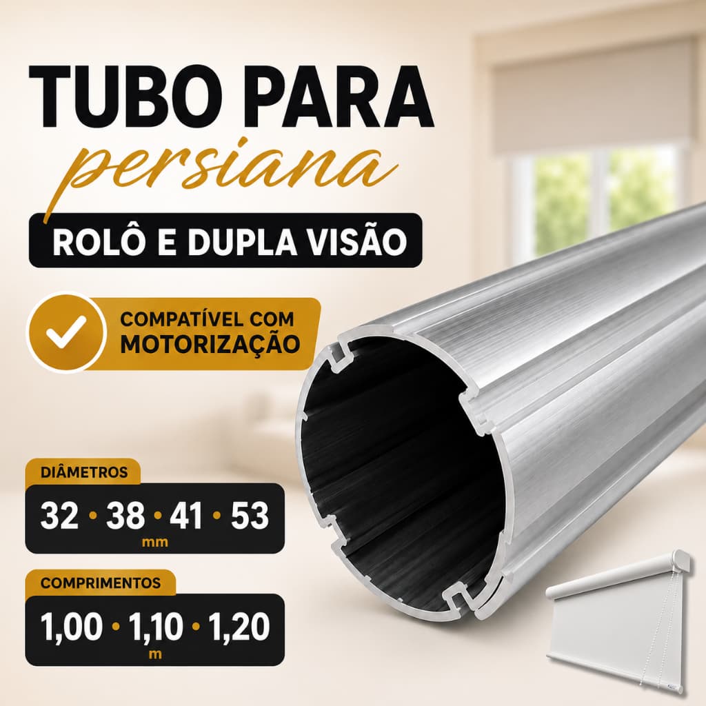 Tubo Aluminio Cortina Persiana Rolo e Double Vision 32mm / 38mm / 41mm / 53mm - Peça de 1,0m Á 2,0m