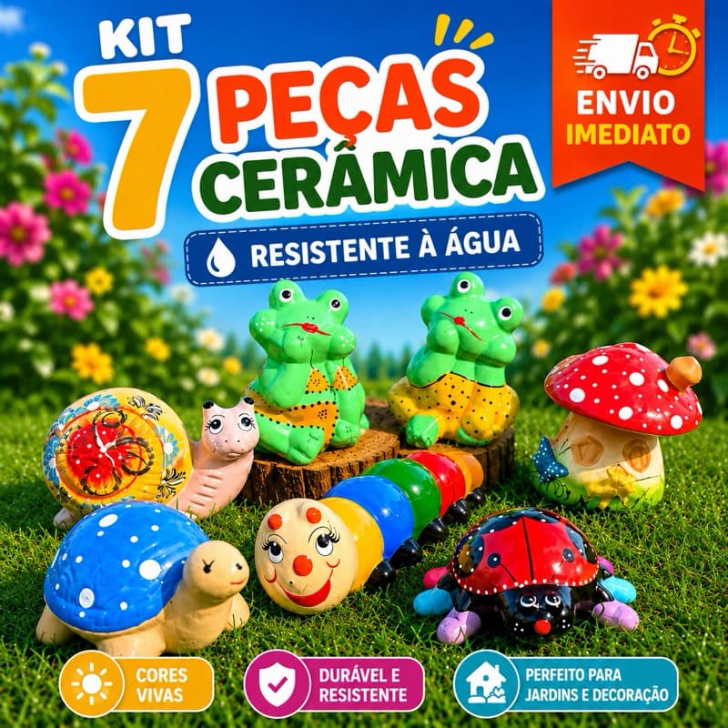 Kit Enfeite Decoração De Jardim Em Cerâmica 7 Peças Sapos Caracol Centopéia Cogumelo Tartaruga e Joaninha