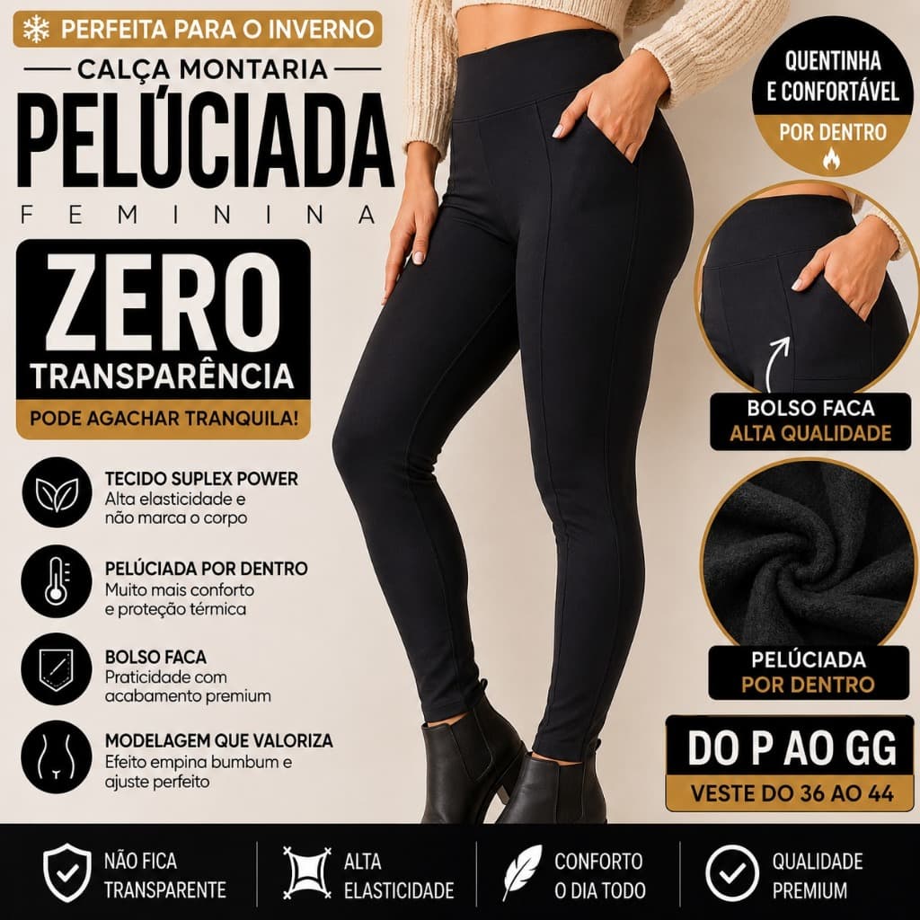 Calça Montaria Peluciada Feminina Cintura Alta Com Bolso Faca Zero Transparência Inverno
