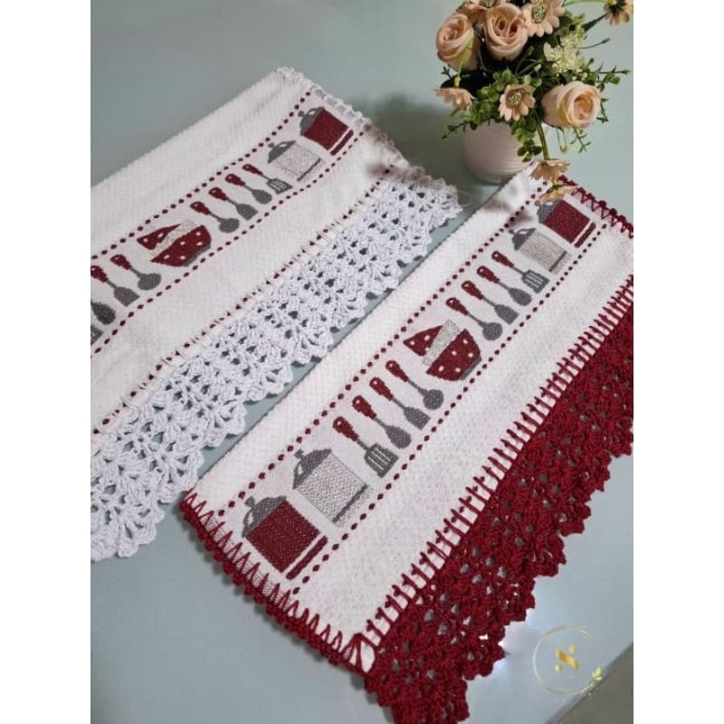 Kit 2 Panos de Prato com Barrado de Crochê | 100% Algodão | Artesanal | Decoração para Cozinha | Pronta Entrega