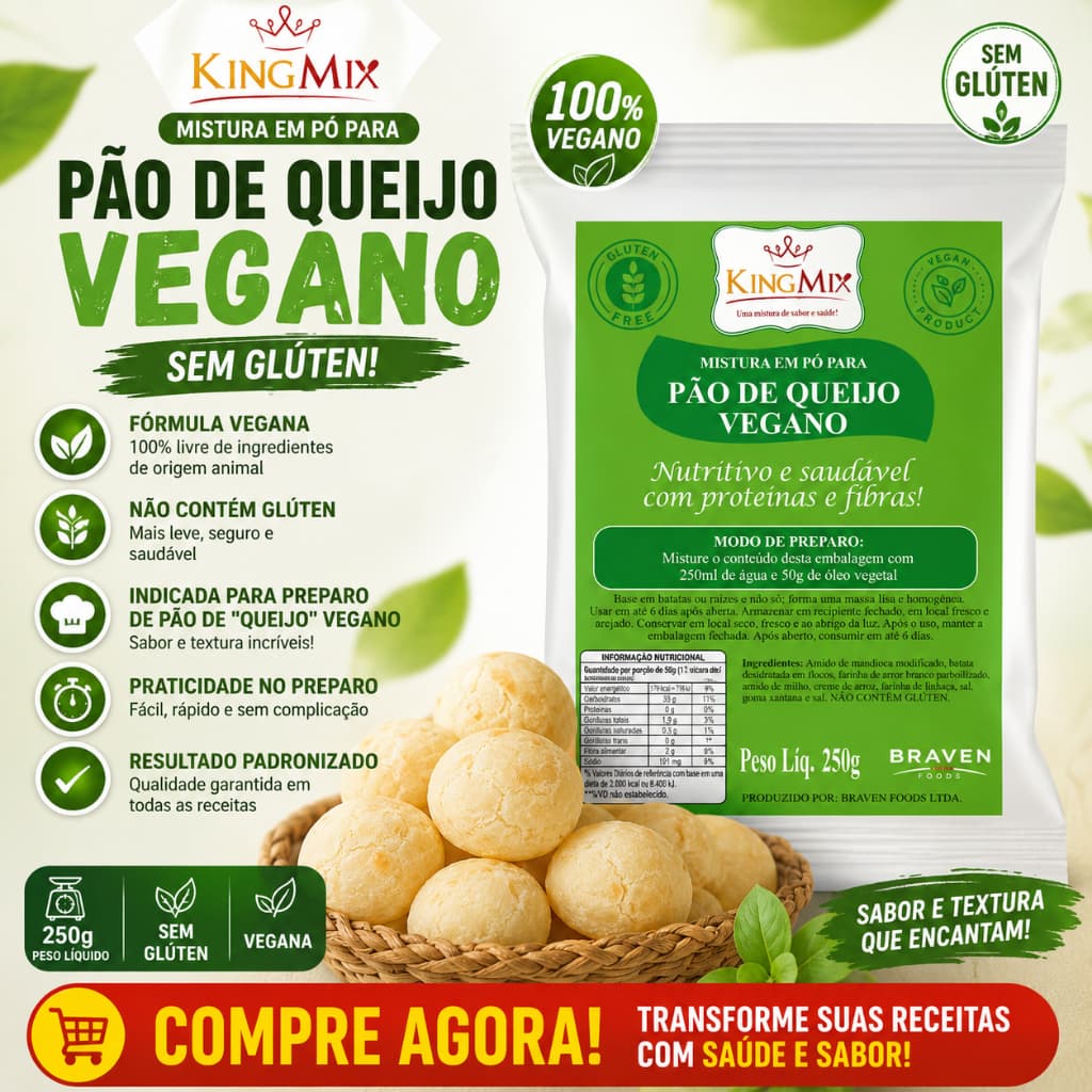 Mistura para Pão de Queijo Vegano King Mix 250g Sem Glúten Sem Lactose