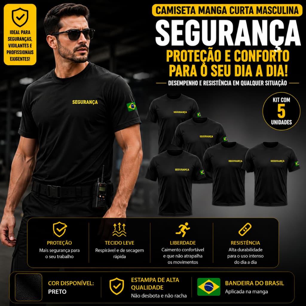 Kit 5 Camisetas Masculina Dry Uniforme Segurança Manga Curta