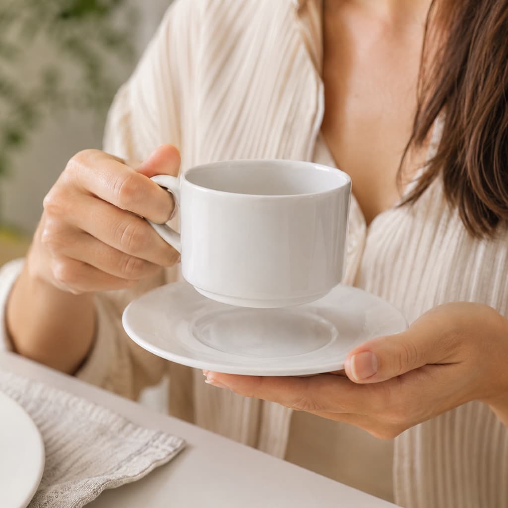 Kit Xícara e Pires de Cerâmica 180ml Branco Elegante para Café Chá