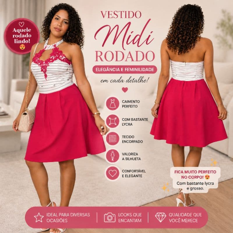 VESTIDO RODADO MIDI COM BOJO, TECIDO GROSSO COM ELASTANO COSTA NUA ACINTURADO  VERMELHO AMARRAÇÃO NO PESCOÇO COM GUIPIR.
