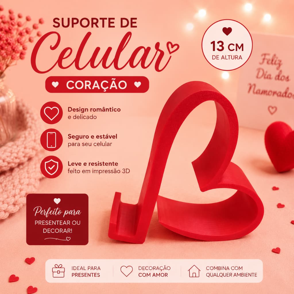 Suporte de Celular Coração 13cm | Impressão 3D | Presente Romântico e Decoração ❤️📱