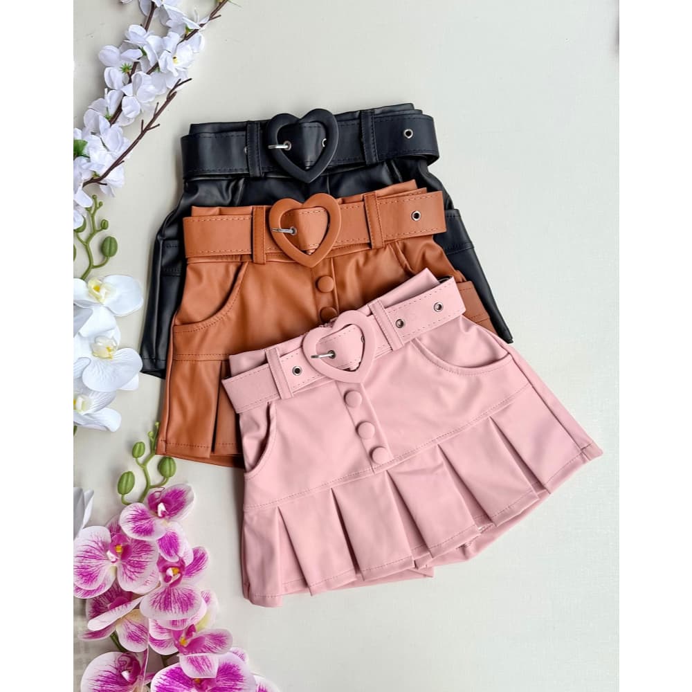 ShortSaia de Couro com Cinto Infantil Menina 4 ao 12 / Moda Blogueirinha / Shorts Saia Infantil Menina