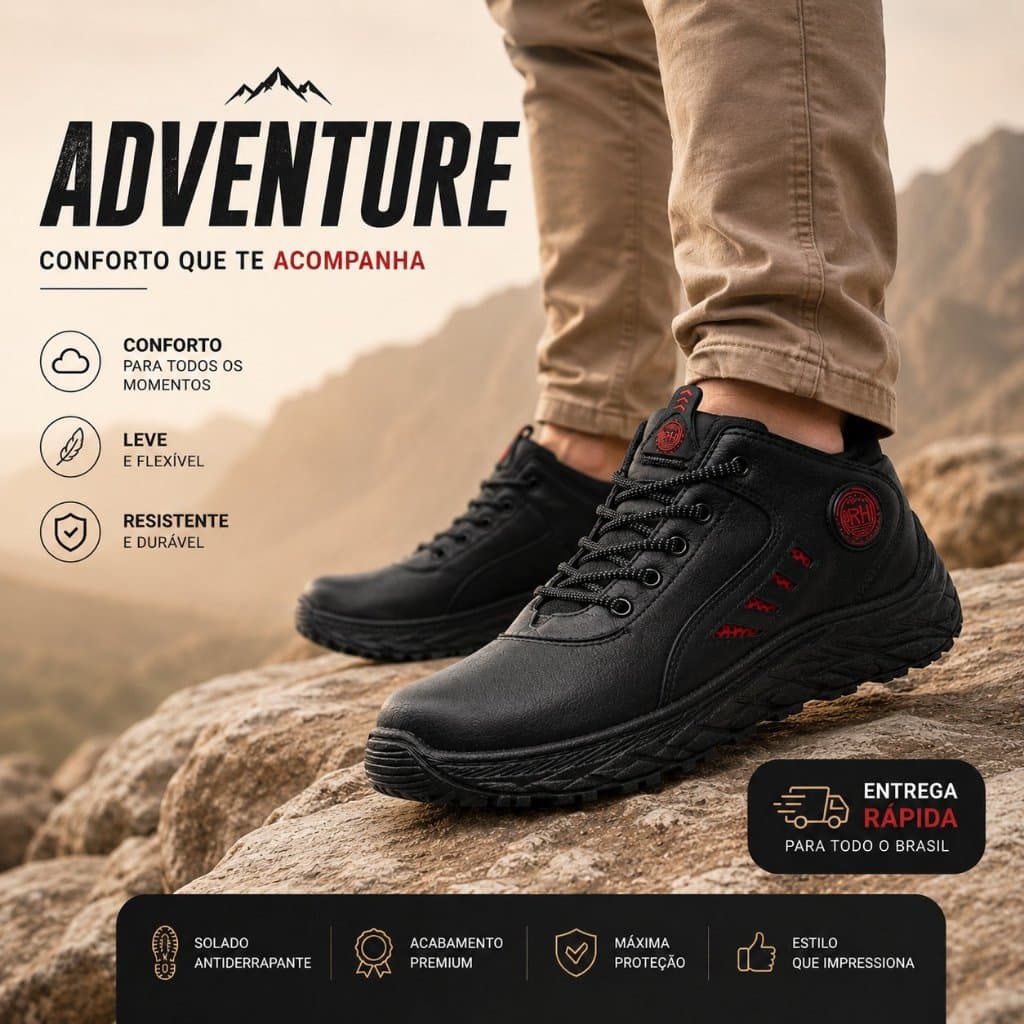 Bota Adventure Masculina Cano Baixo Tratorada Leve Confortável Antiderrapante