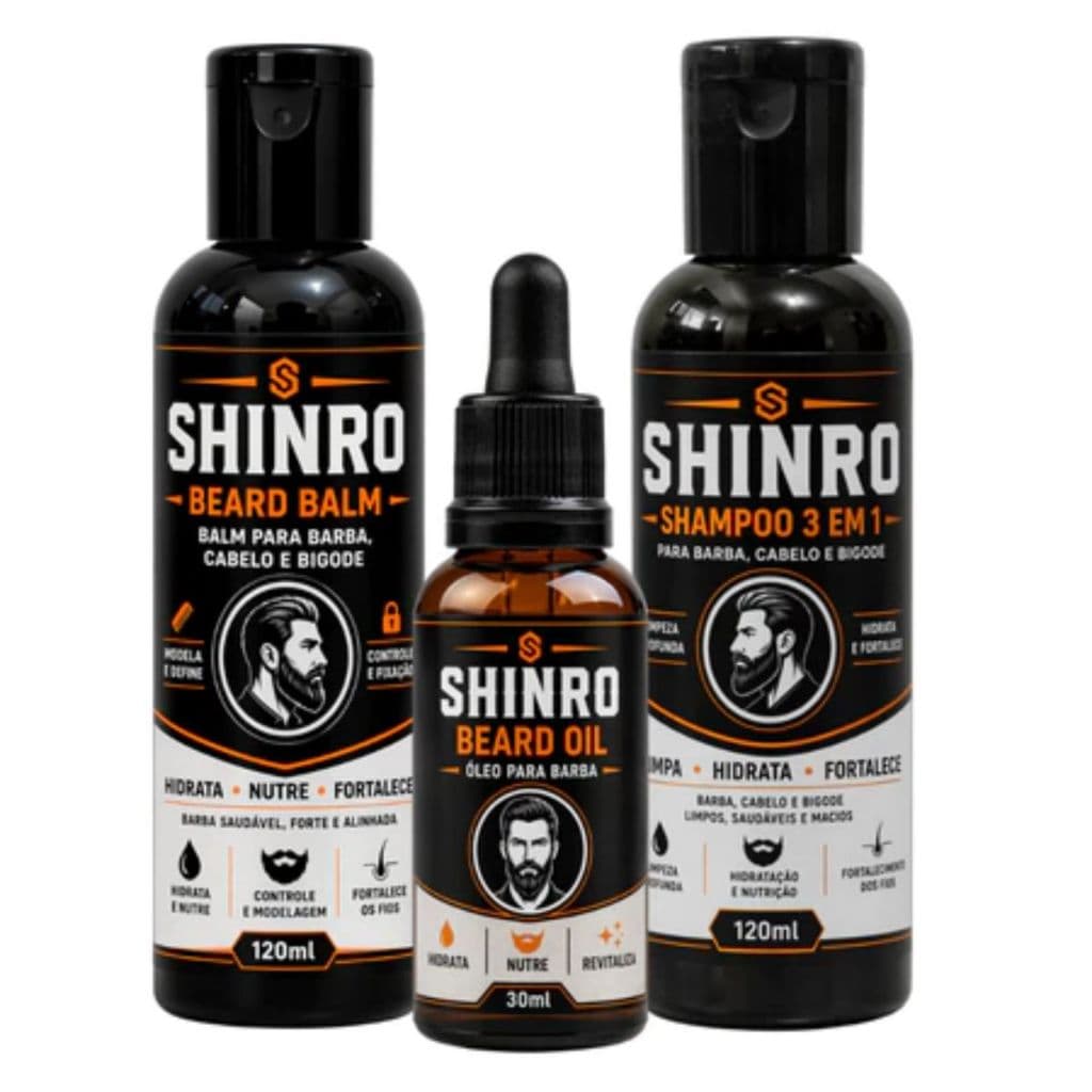 Shampoo 3 em 1/ Oleo Para Barba / Balm Para Barba Cabelo e Bigode Hidratação e Brilho