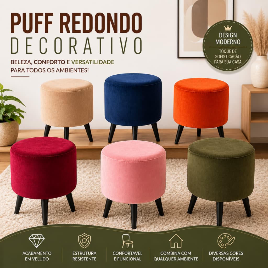 KIT 2 Puff Banqueta Redonda Estofada Compacta Decoração Moderna
