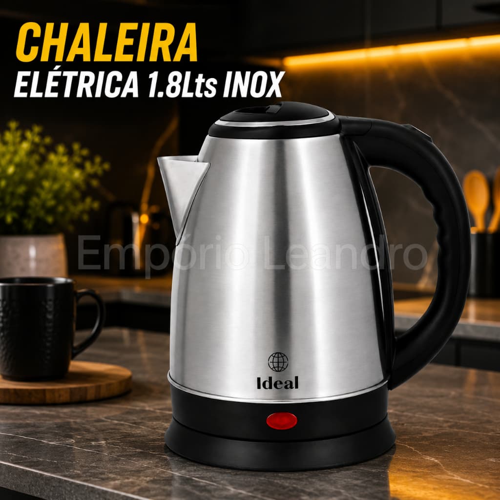 Chaleira Elétrica Inox 1.8 Litros Sem Fio Desligamento Automático 1000W Aquecimento Rápido