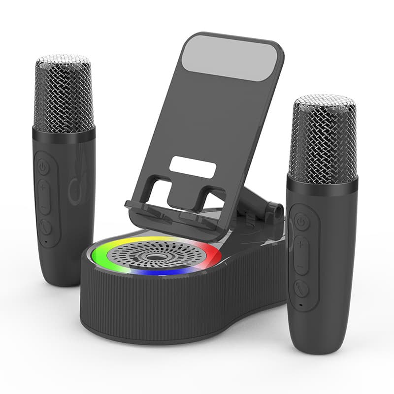 Caixa de Som Bluetooth 5 em 1 com 2 Microfones - Karaokê RGB, Suporte 360°, Estabilizador de Chamadas, Power Bank 1800mA