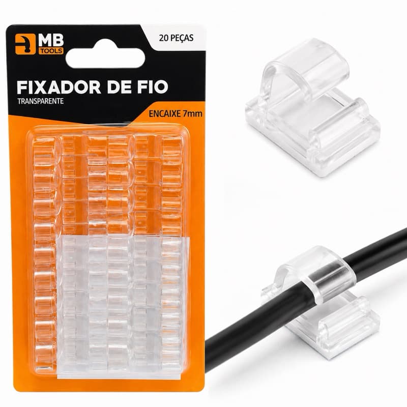 Kit 20 Fixadores de Fio Transparente Autoadesivo 7mm | Organizador de Cabos para Mesa e Parede