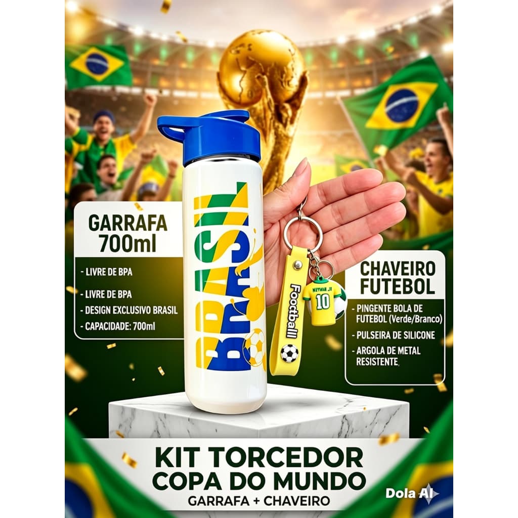 Kit Torcida Premium: Garrafa Brasil + Chaveiro de Brinde - Ideal para Presente e Jogos Kit Torcedor Brasil  Squeeze