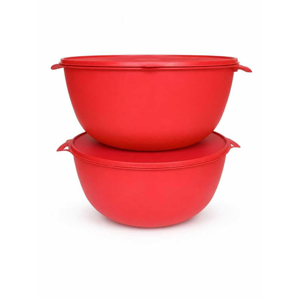 Kit 2 Bacias Bowl Grande 5,8L com Tampa Vermelha | Pote Multiuso Plástico para Cozinha, Alimentos e Mantimentos