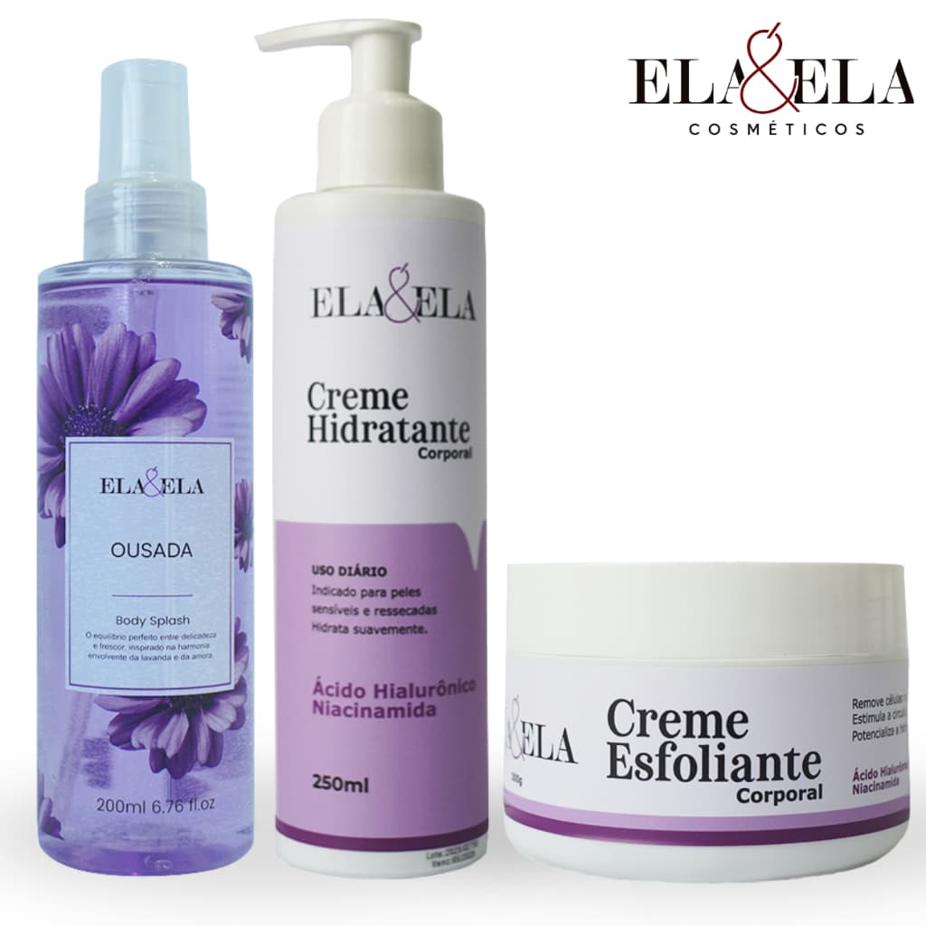 Kit Corporal Ela&Ela Ousada - Body Splash Ousada + Creme Hidratante + Esfoliante