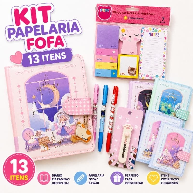 Kit Papelaria Fofa Kawaii 13 Itens ESAER Diário Gatinho Agenda Bloco Caneta Gel Presente Menina