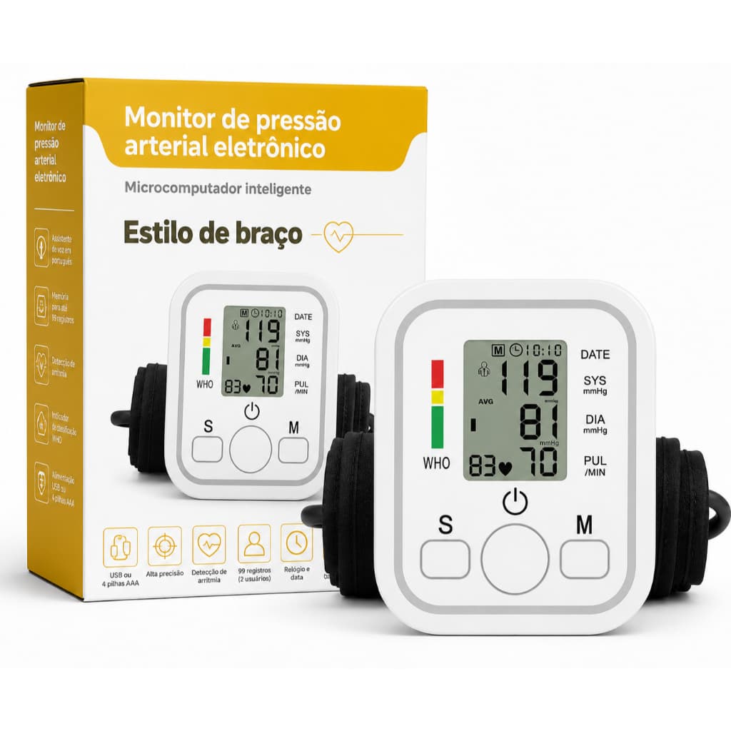 Aparelho Medidor de Pressão Arterial Digital de Braço com Assistente de Voz
