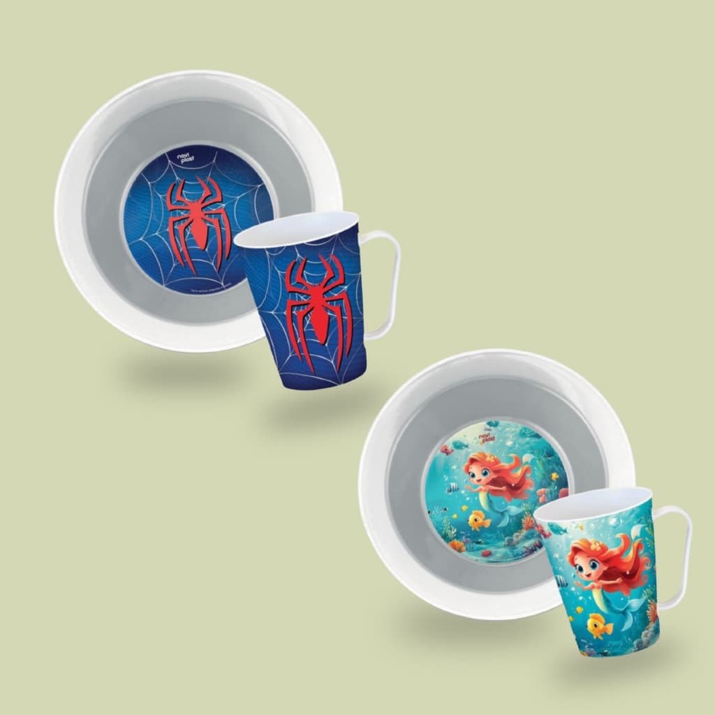 Kit Refeição Irmãos Homem Aranha E Sereia Prato E Caneca Infantil Resistente Presente Kids