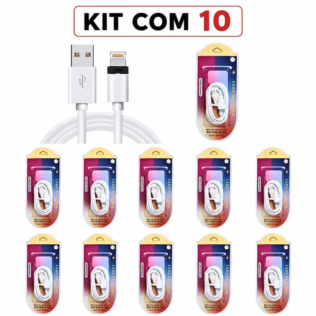 KIT 10 Cabos de Dados Conexão USB Lightning Carregamento Rápido 25W de 1 Metro Kapbom KAP-318-5G