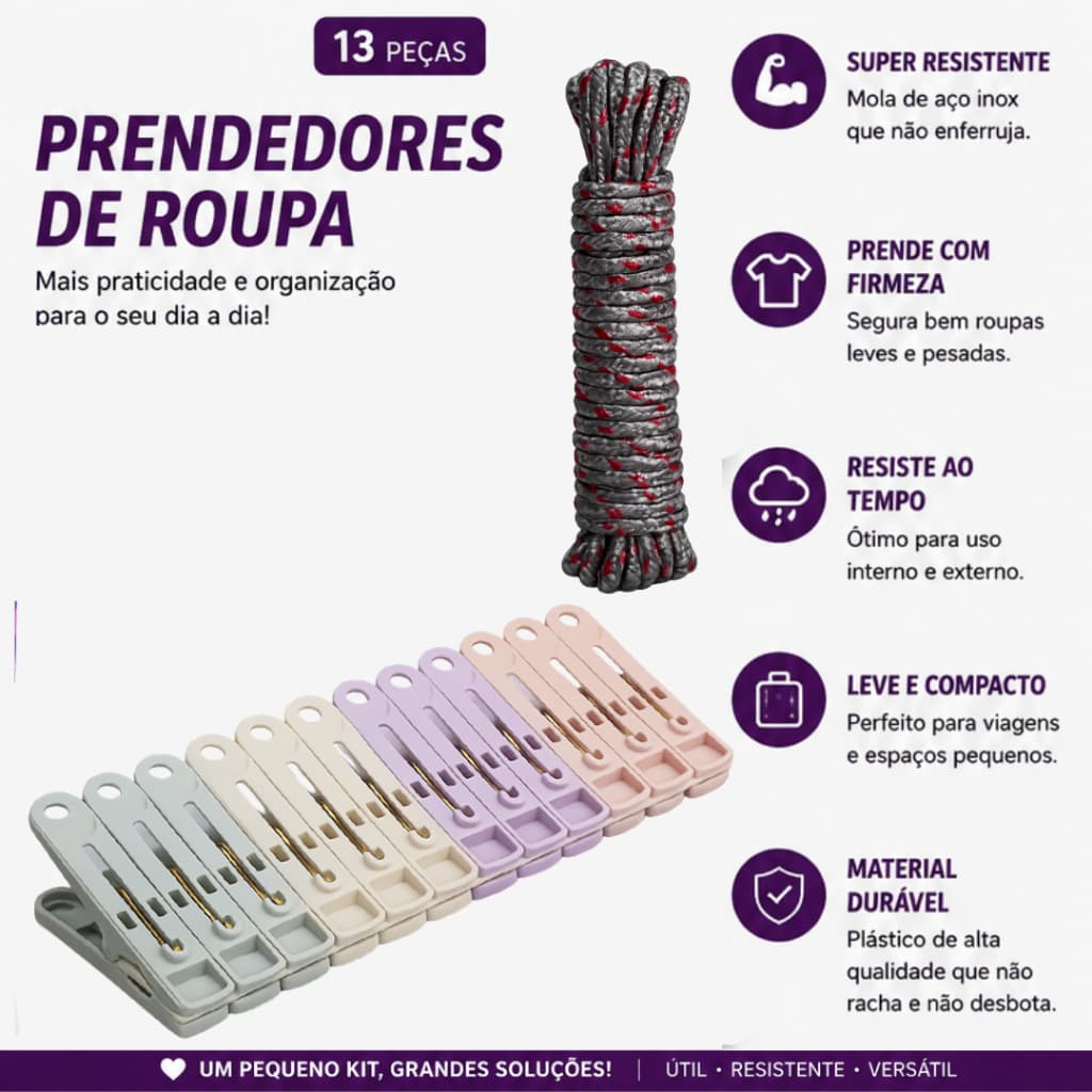 Kit de Varal de Roupa 5 Metros com 12 Pregadores de Roupa Resistente Portátil para Viagem Camping Apartamento