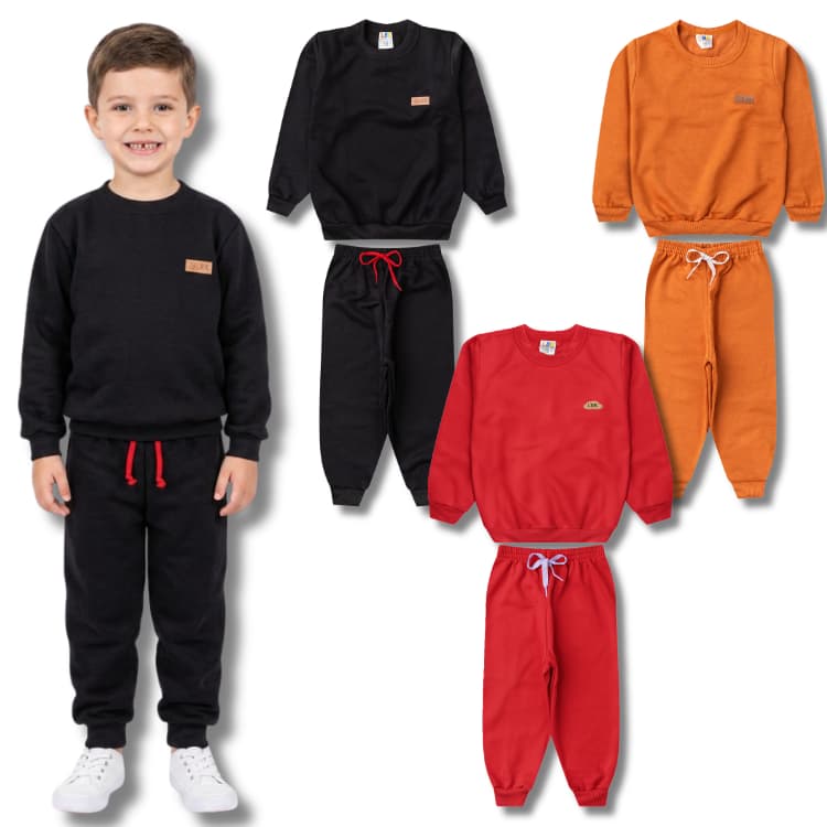 Kit 3 Conjuntos Moletom Liso Monocromático Menino/Masculino Infantil - Inverno Escolar