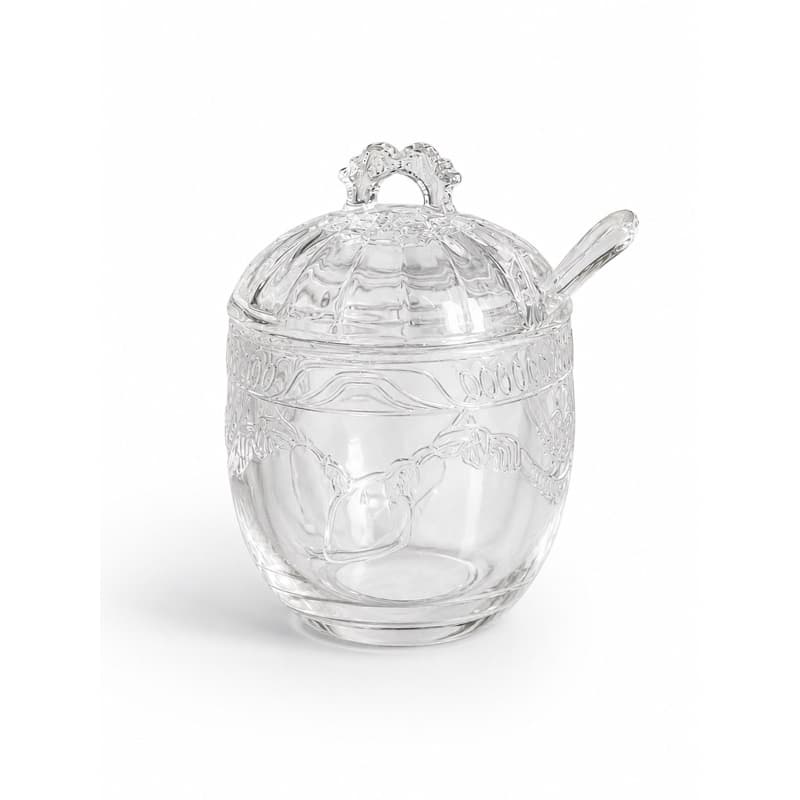 Açucareiro de Vidro Cristal Com Colher e Tampa Coração Lyor Porta Açúcar Decorativo Mesa Posta
