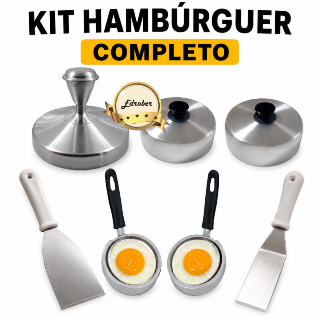 Kit Hambúrguer Completo Com Modelador 12cm 2 Abafadores 2 Modeladores De Ovo Espátulas Inox