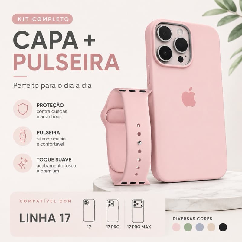 Kit Capa + Pulseira Silicone Para iPhone 17 Pro Max Case Premium Soft Touch Luxo