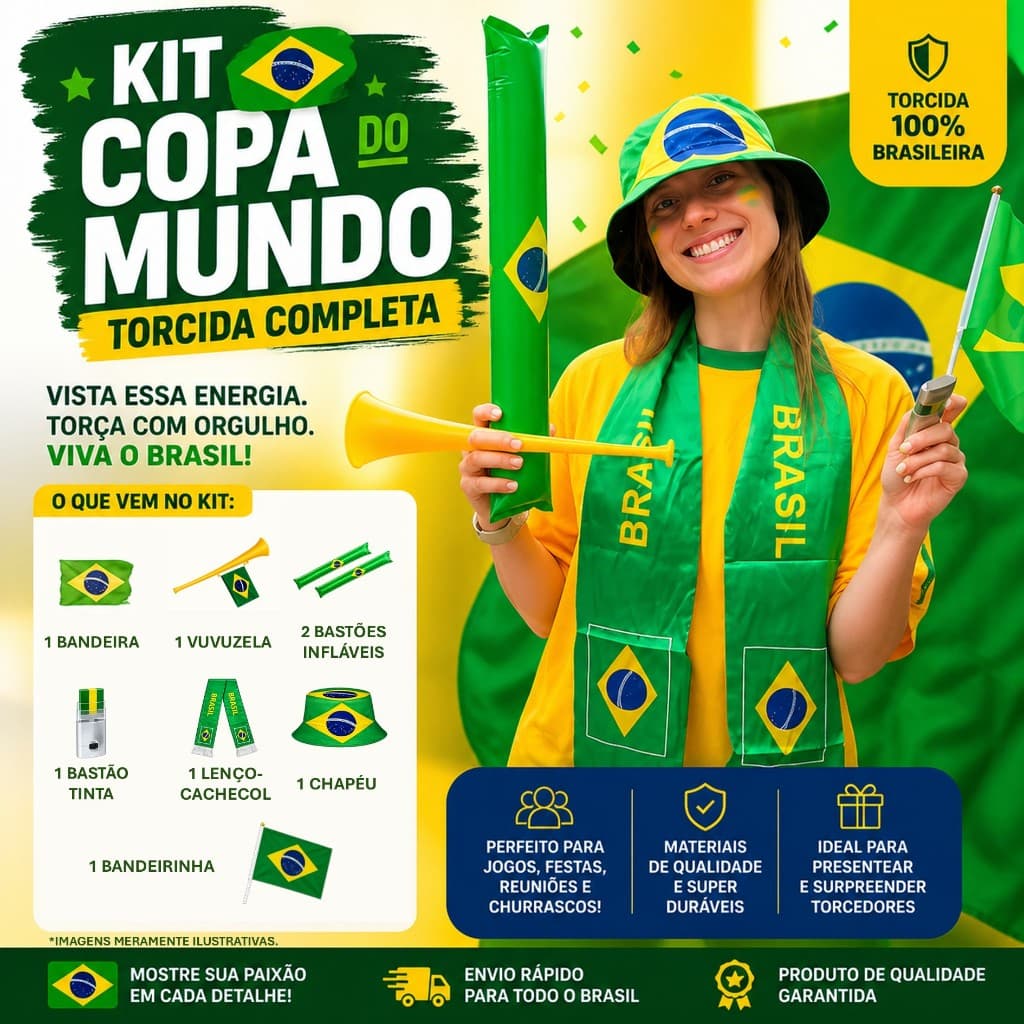 🏆 Kit 1 Torcedor Brasil Copa do Mundo 2026 7 Itens Bandeira Vuvuzela Cachecol Chapéu Cata Ovo