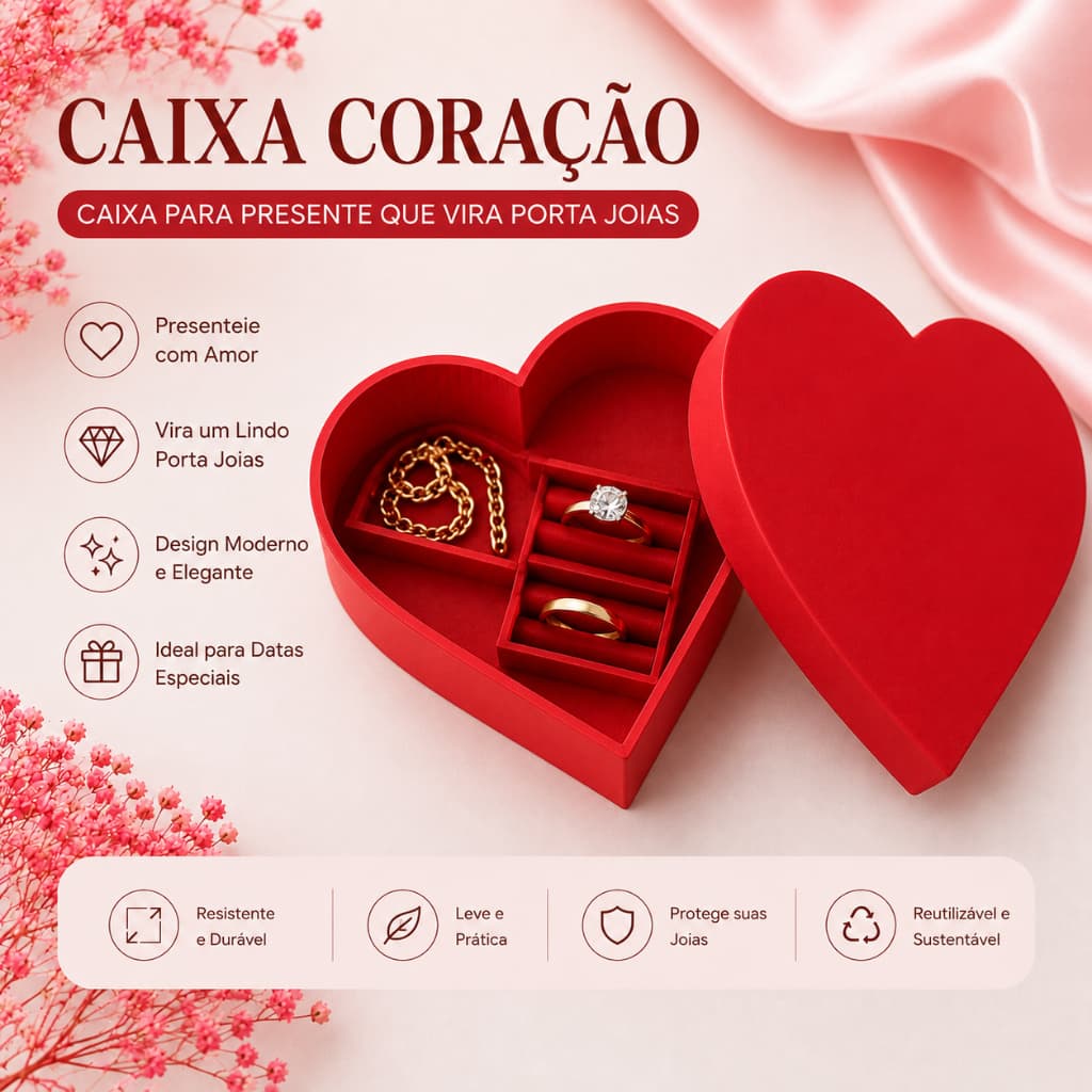 Caixa Coração para Presente que Vira Porta Joias | Organizador de Anéis, Brincos e Colares