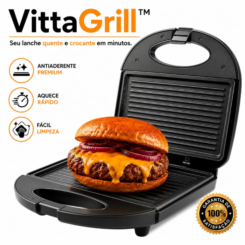 Grill Sanduicheira Elétrica Antiaderente Multifuncional VittaGrill 2 em 1 Aquece Rápido 750W 127V