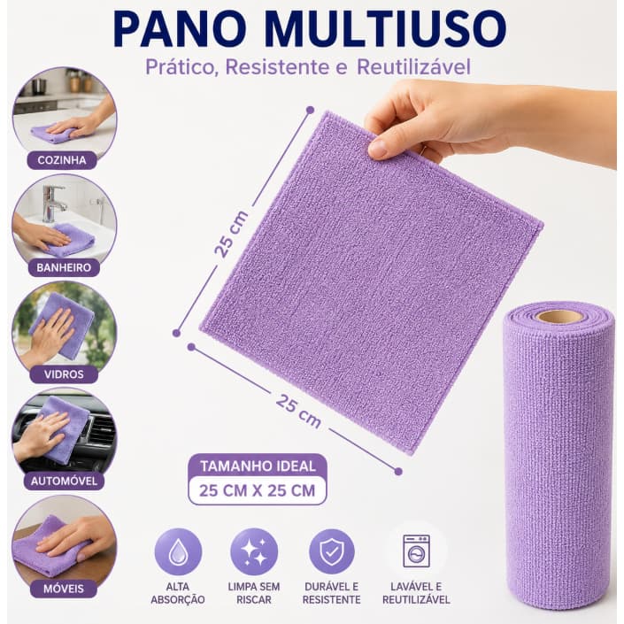 Pano Multiuso Microfibra 20 Unidades 25x25cm | Alta Absorção e Reutilizável