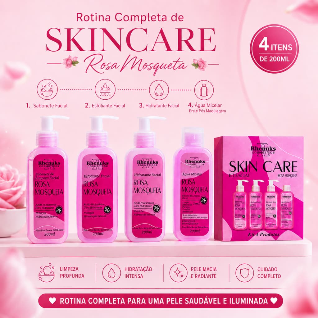 Kit Facial Rosa Mosqueta Rhenuks 4 Produtos 200ml Skin Care Limpeza Hidratação Água Micelar